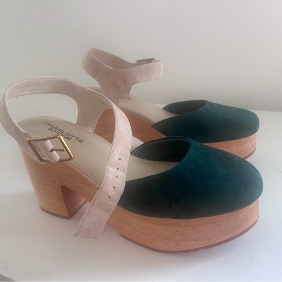 Charlotte Stone Sal Size 10 Suede Green and Tan Platform Heels with Tote Bag - Picture 2 of 8